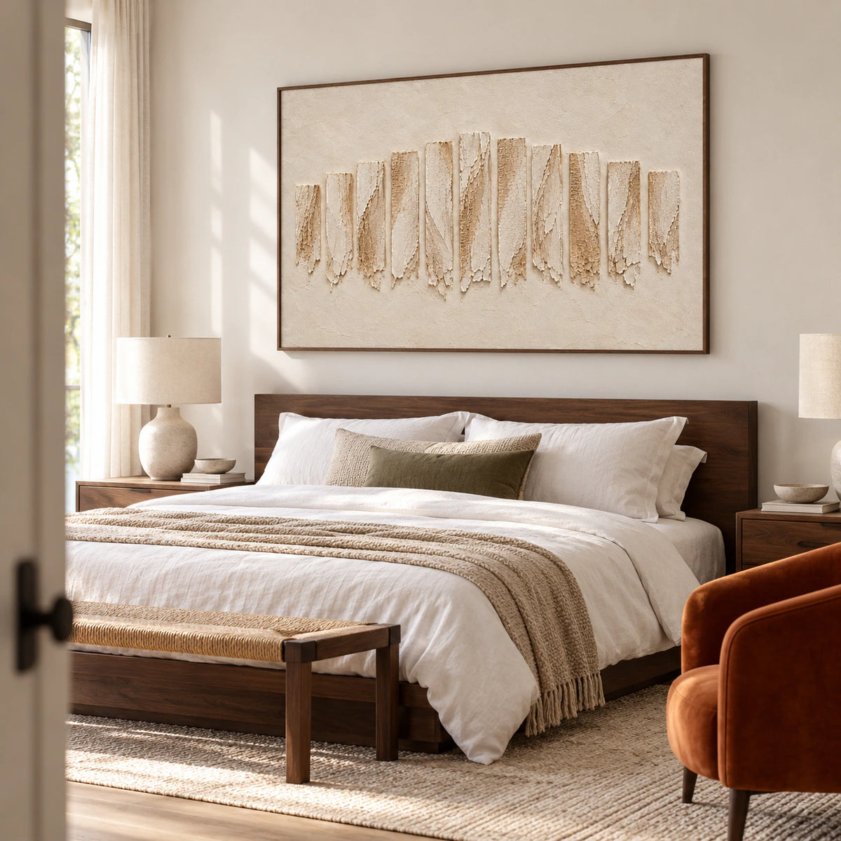 Ivory textured painting above a low bed with cool white linen and a dark wood headboard, viewed from the left at a gentle downward angle.