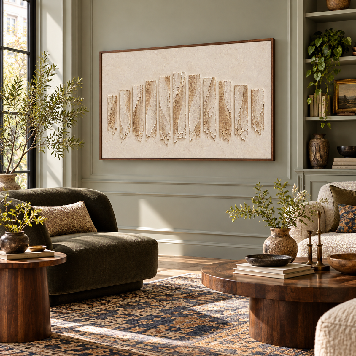 Large horizontal ivory textured painting displayed in a domestic living room.