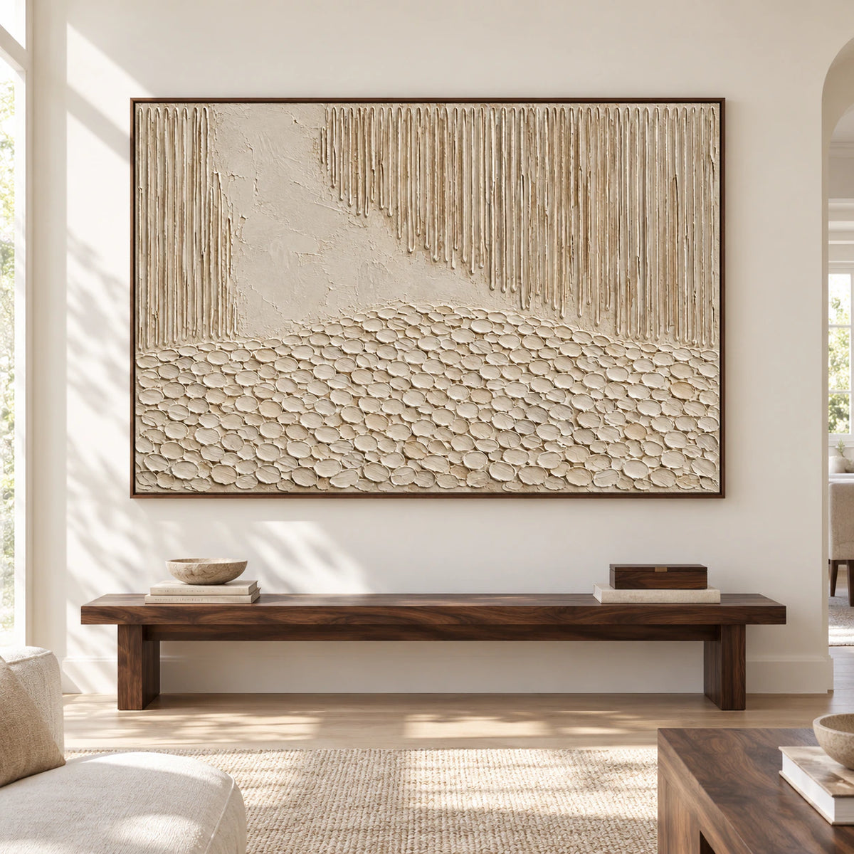 Large ivory and sand abstract artwork with vertical ridges and rounded marks displayed in a bright, spacious living room.