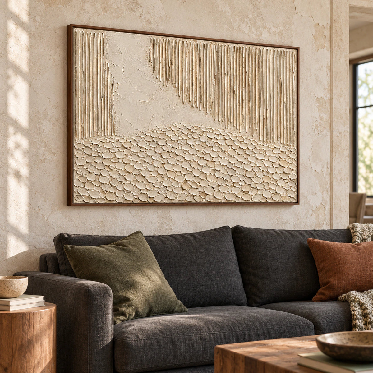 Large ivory and sand abstract artwork above a low sofa in a bright living room.