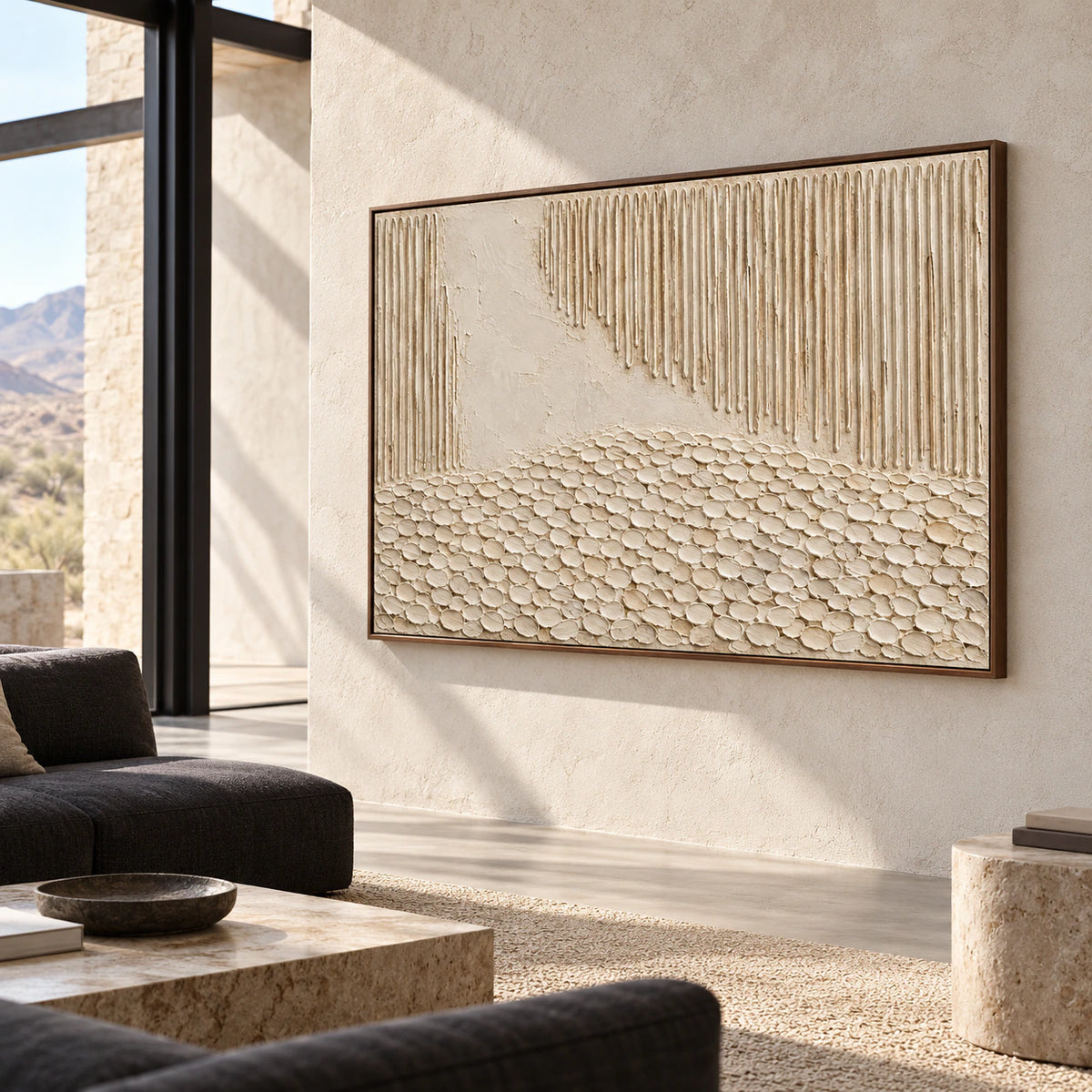 Large ivory and sand abstract painting displayed in an expansive loft interior.
