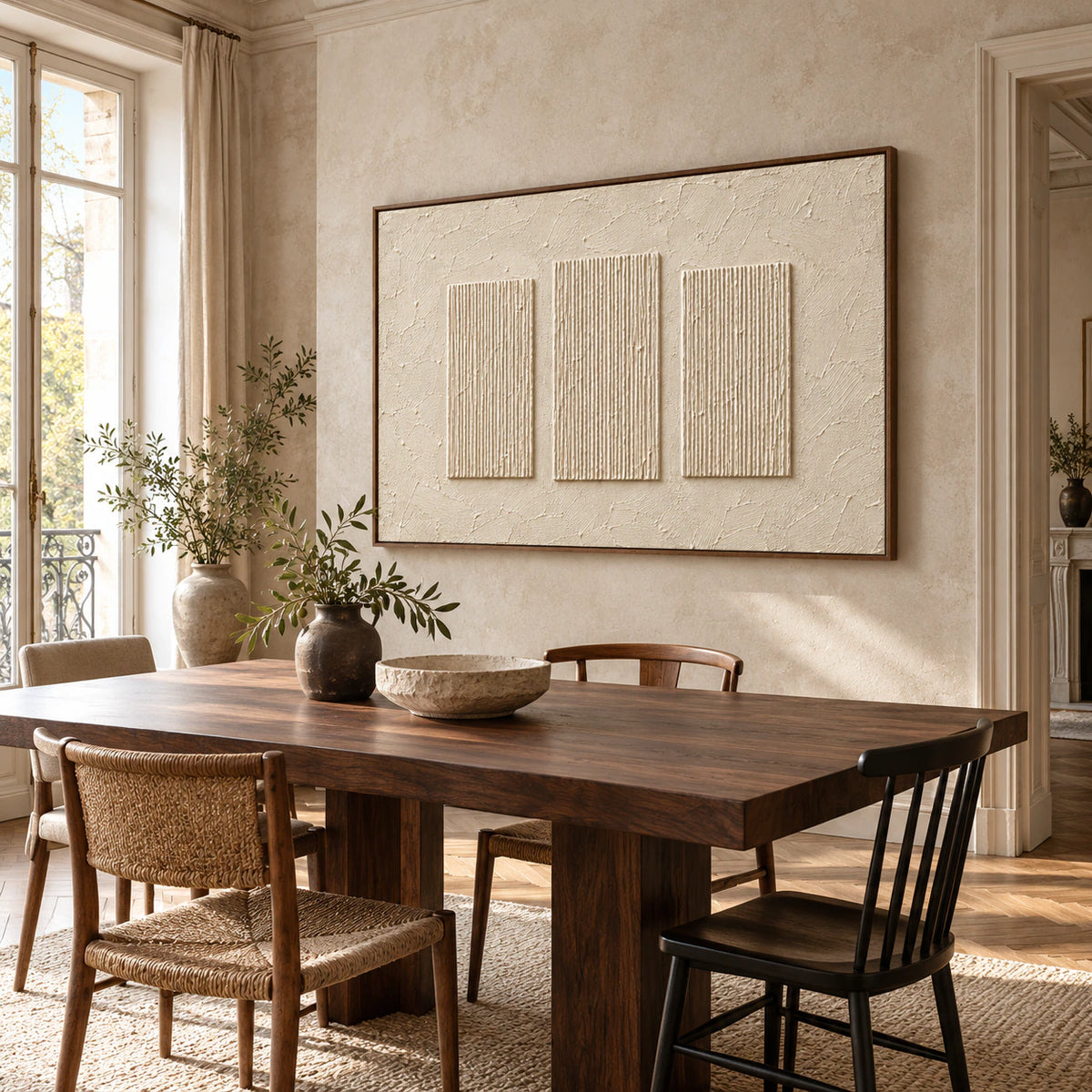 Ivory ribbed artwork on a pale limestone wall above a dark walnut dining table, viewed from the right with simple chairs and daylight from a side window.