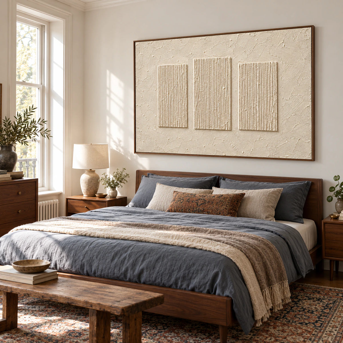 Ivory ribbed artwork above a low walnut bed with muted slate bedding, viewed from a slightly elevated left angle in soft morning light.