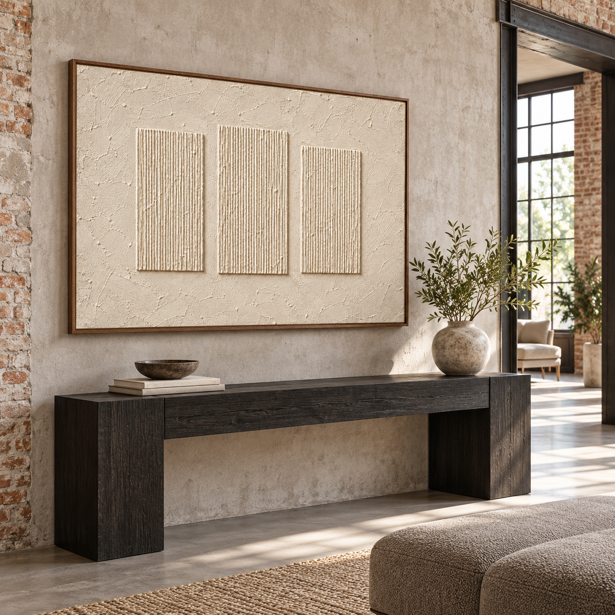 Ivory ribbed artwork above a blackened wood console on a tall pale foyer wall, viewed from a low left angle with an open doorway and daylight.