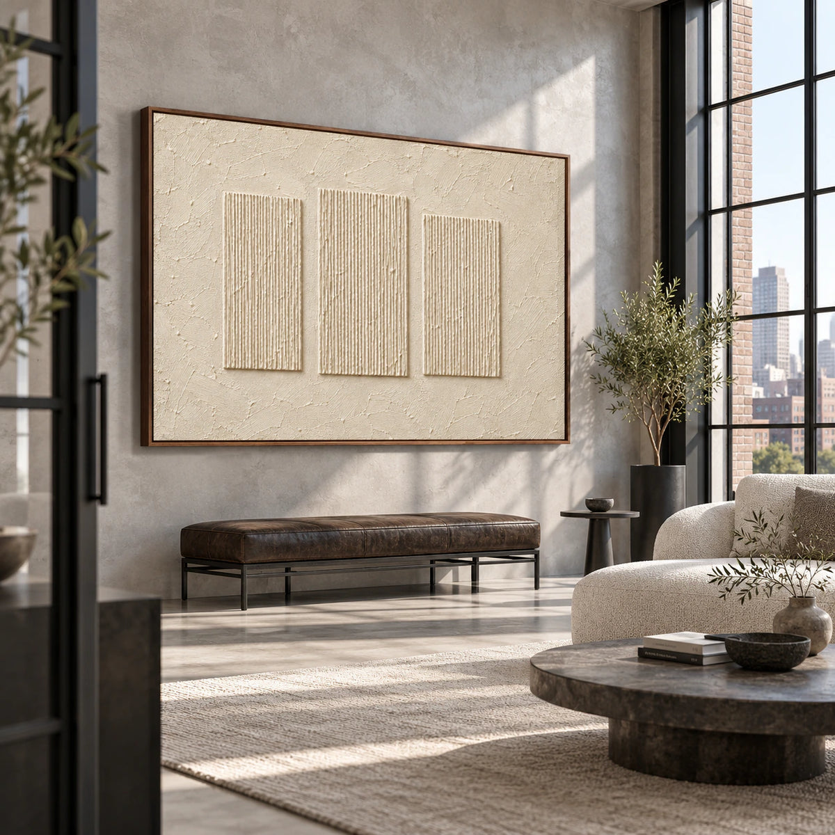 Ivory ribbed artwork on a cool gray plaster wall in an expansive loft interior with a dark leather bench, minimal metal furniture and tall windows, viewed from the right.