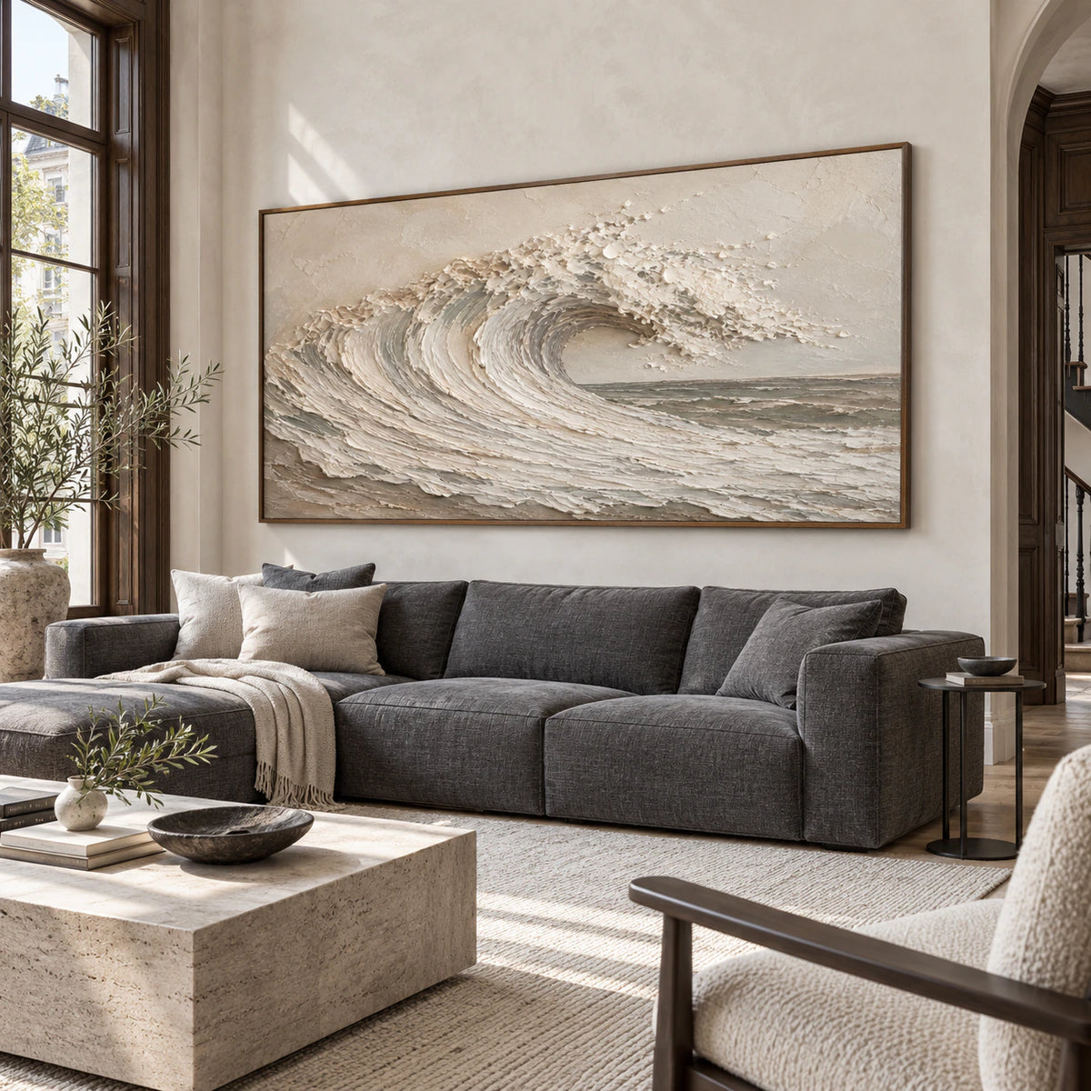 Foam-Arc as a large focal artwork in a bright contemporary living room.