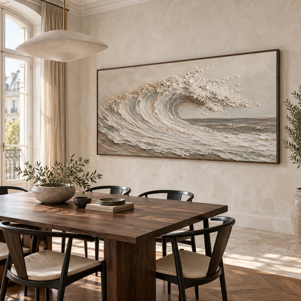 Foam-Arc above a refined dining setting in a light-filled architectural room.