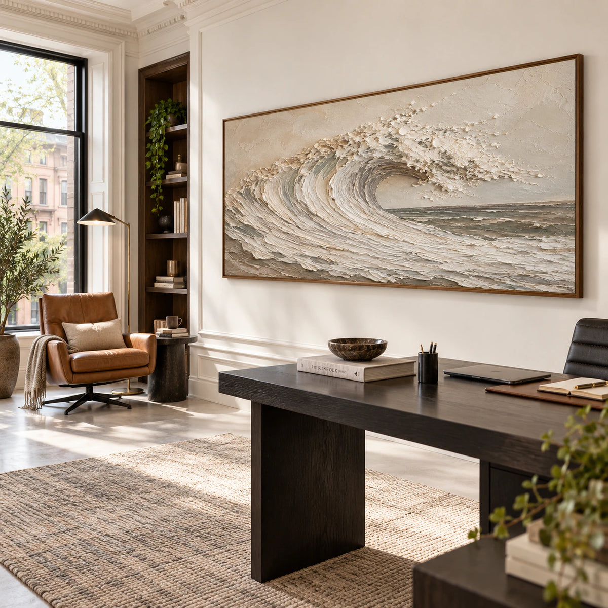 Foam-Arc as the focal artwork in an airy home office reading space.