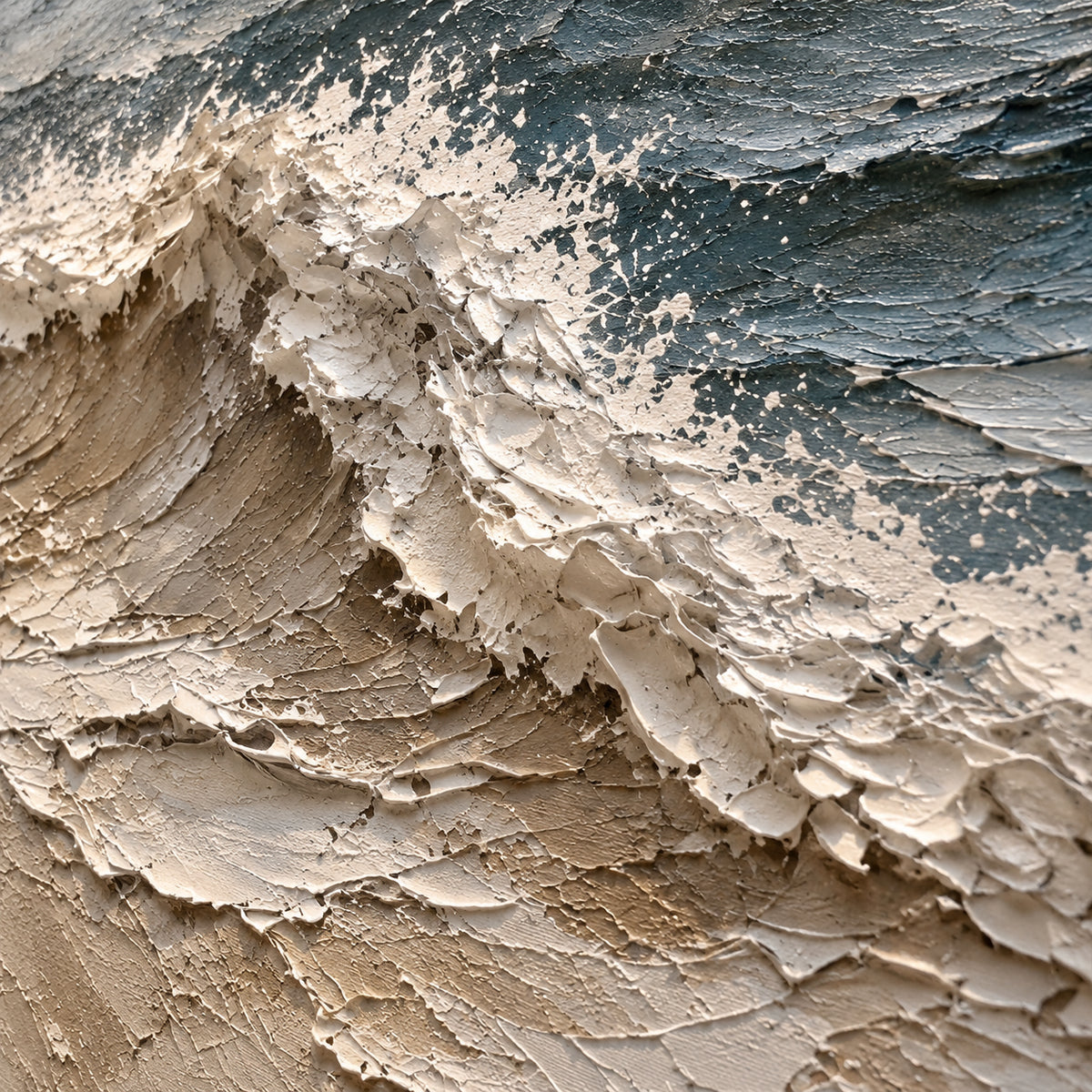 Foam-Current oil painting brushwork and impasto detail photographed from an oblique side angle