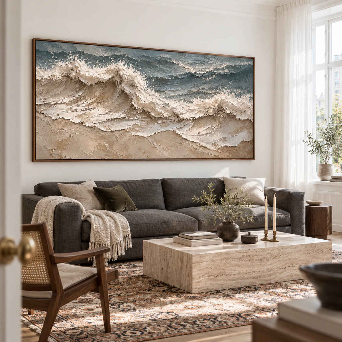 Foam-Current above a sofa in a bright contemporary living room.
