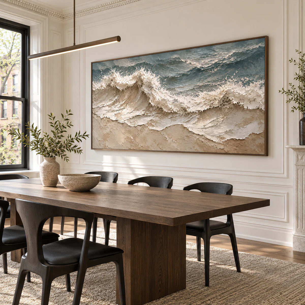 Foam-Current as the focal artwork in a refined daylight dining room.