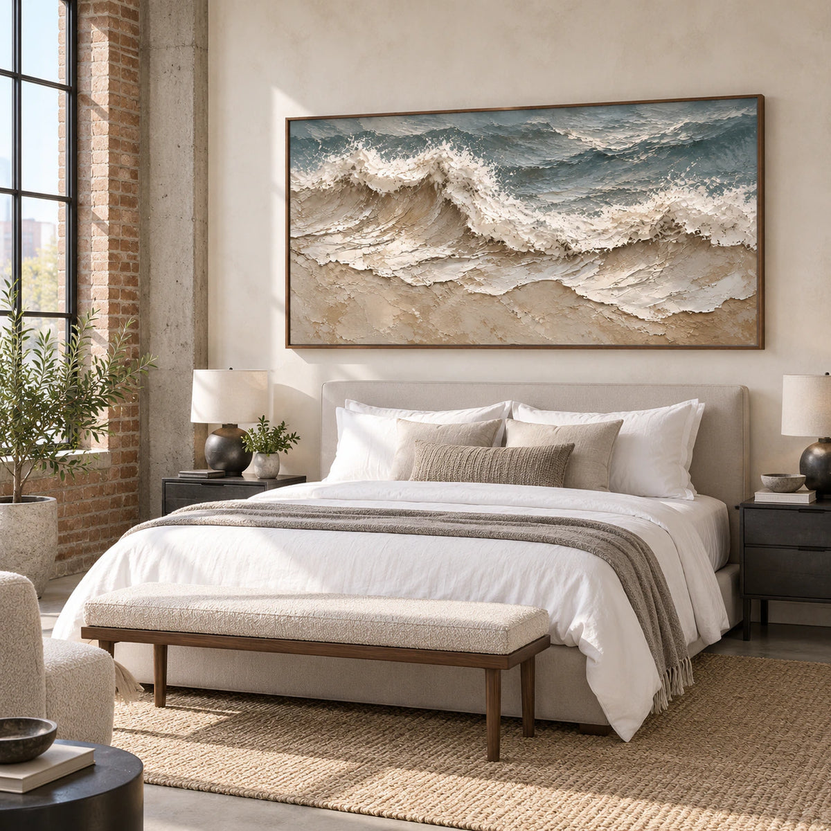 Foam-Current above a low bed in a quiet, light-filled bedroom.