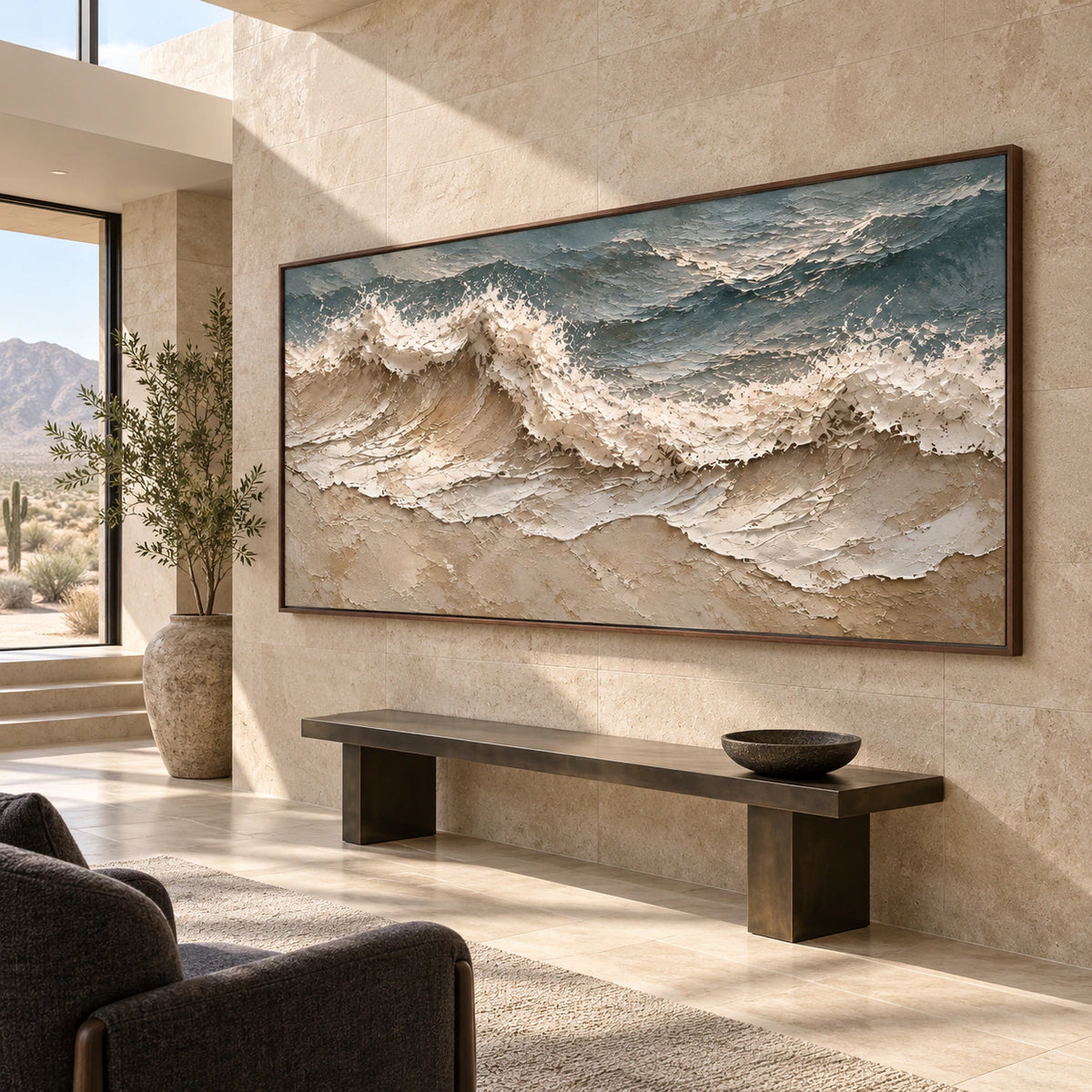 Foam-Current at gallery scale in a bright stone foyer.