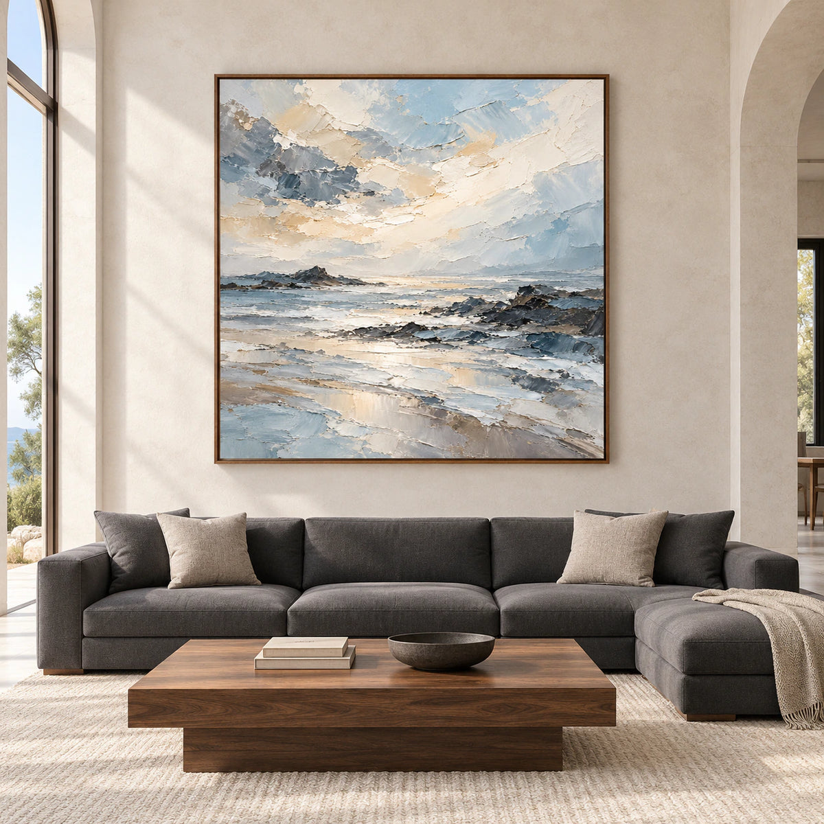 Large square Foam-Ledger coastal painting displayed straight-on in a spacious, bright modern living room.