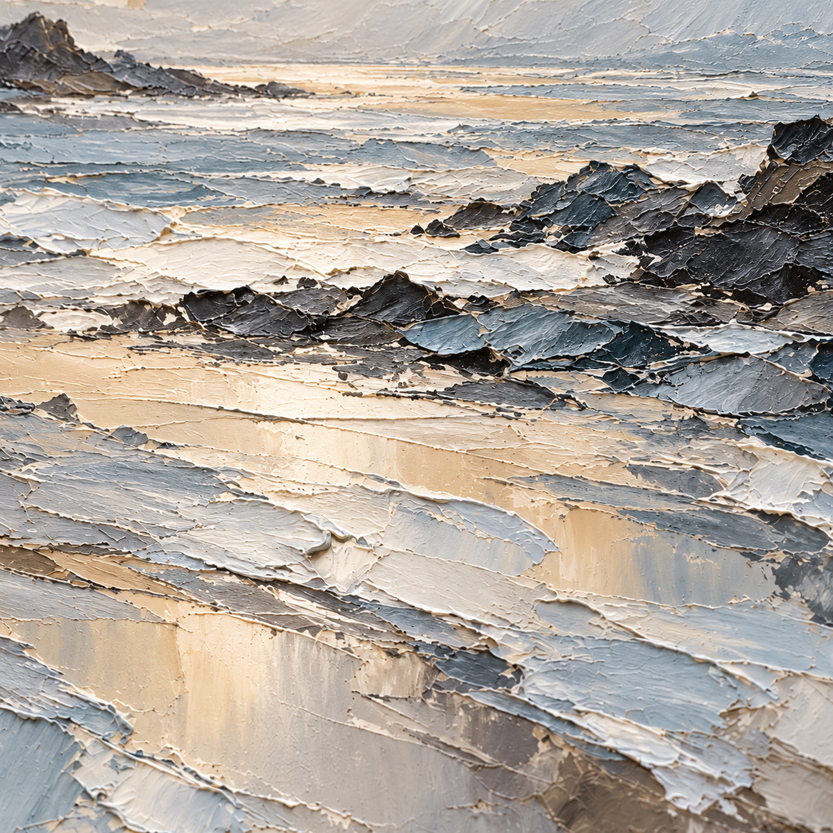 Foam-Ledger oil painting brushwork and impasto detail photographed from an oblique side angle