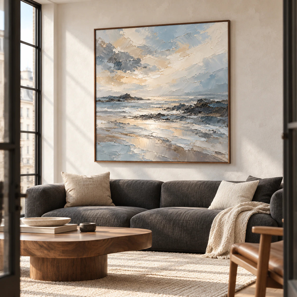 Foam-Ledger hangs above a low charcoal sofa in a bright living room with pale plaster walls and natural daylight.