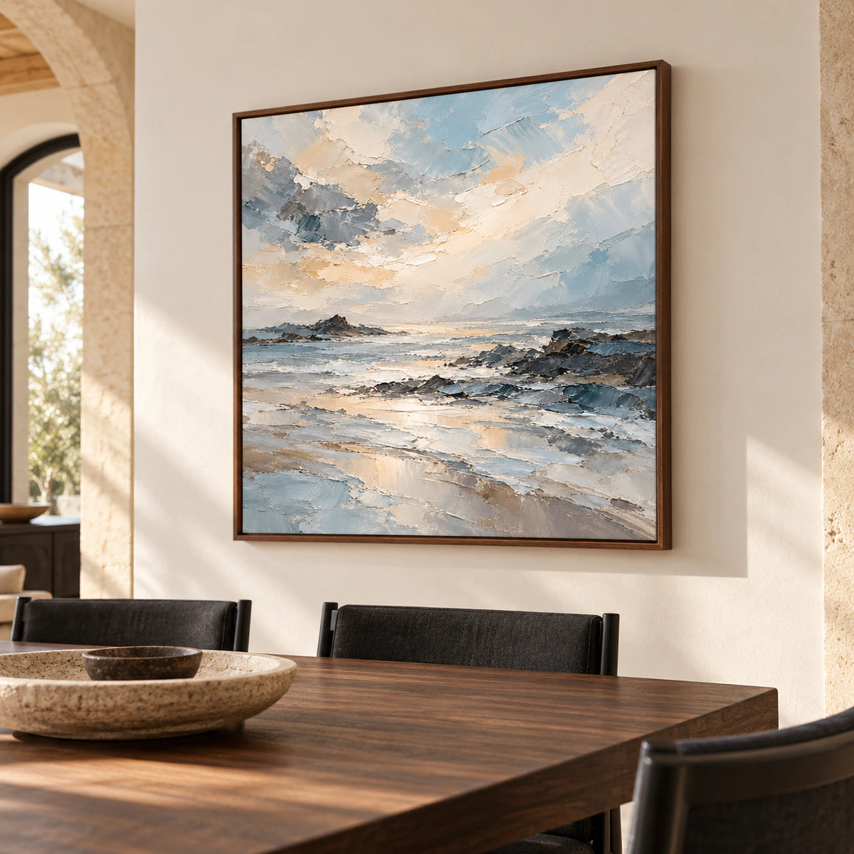 Foam-Ledger anchors a refined dining room above a dark wood table, seen from a gentle left oblique angle.