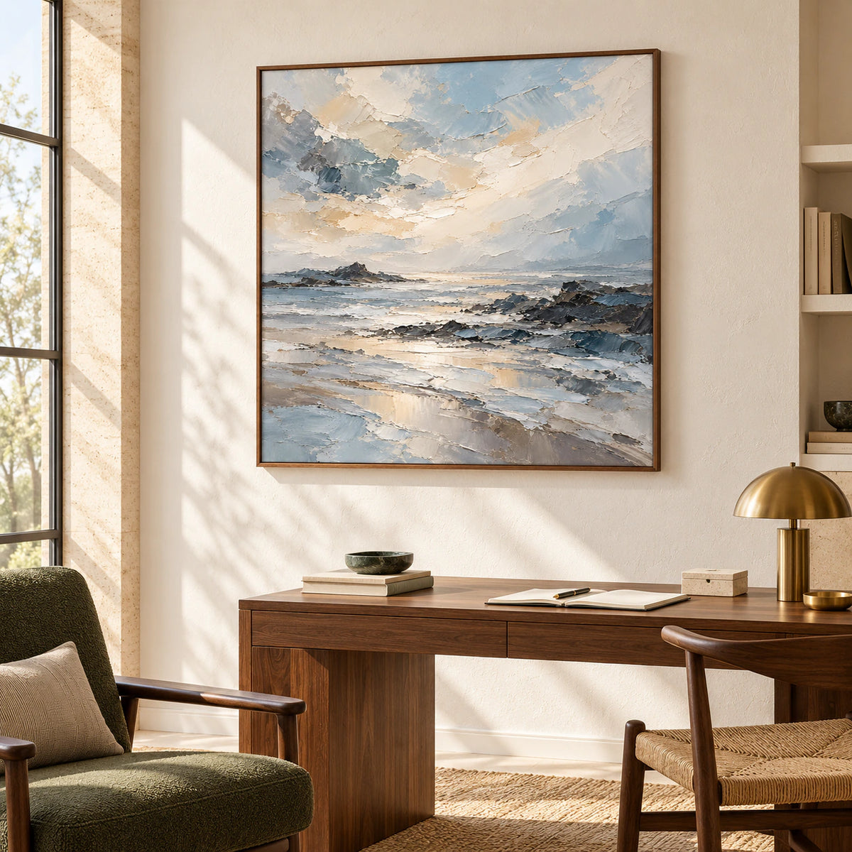 Foam-Ledger brings texture to an airy home office beside a simple desk and tall windows.
