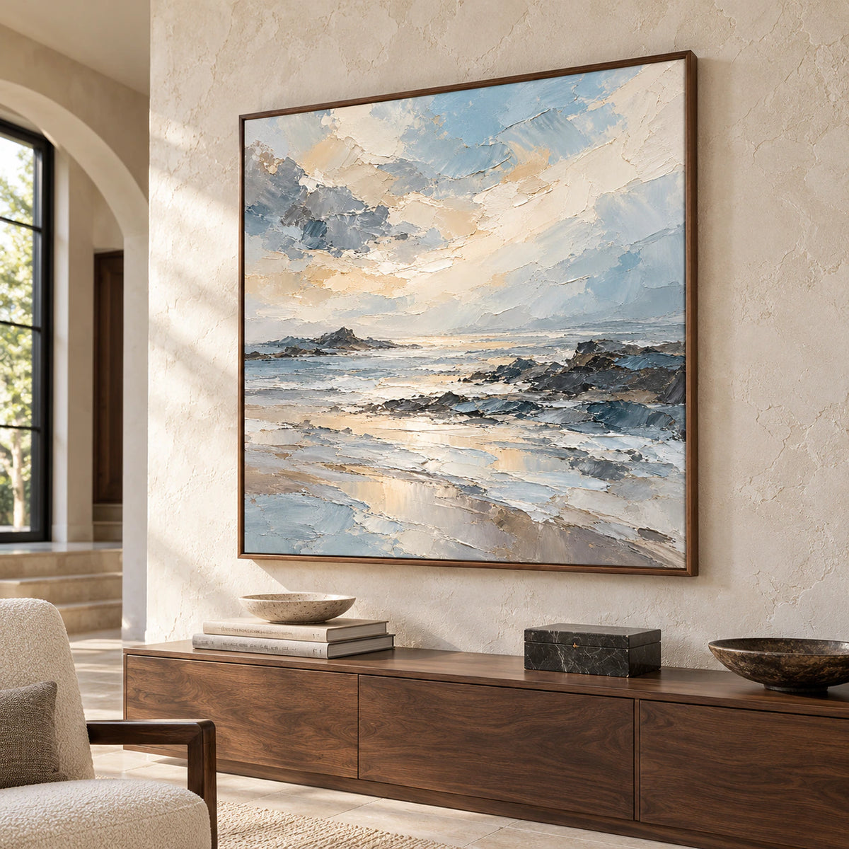 Foam-Ledger displayed at gallery scale in a bright foyer with pale stone walls and open floor space.