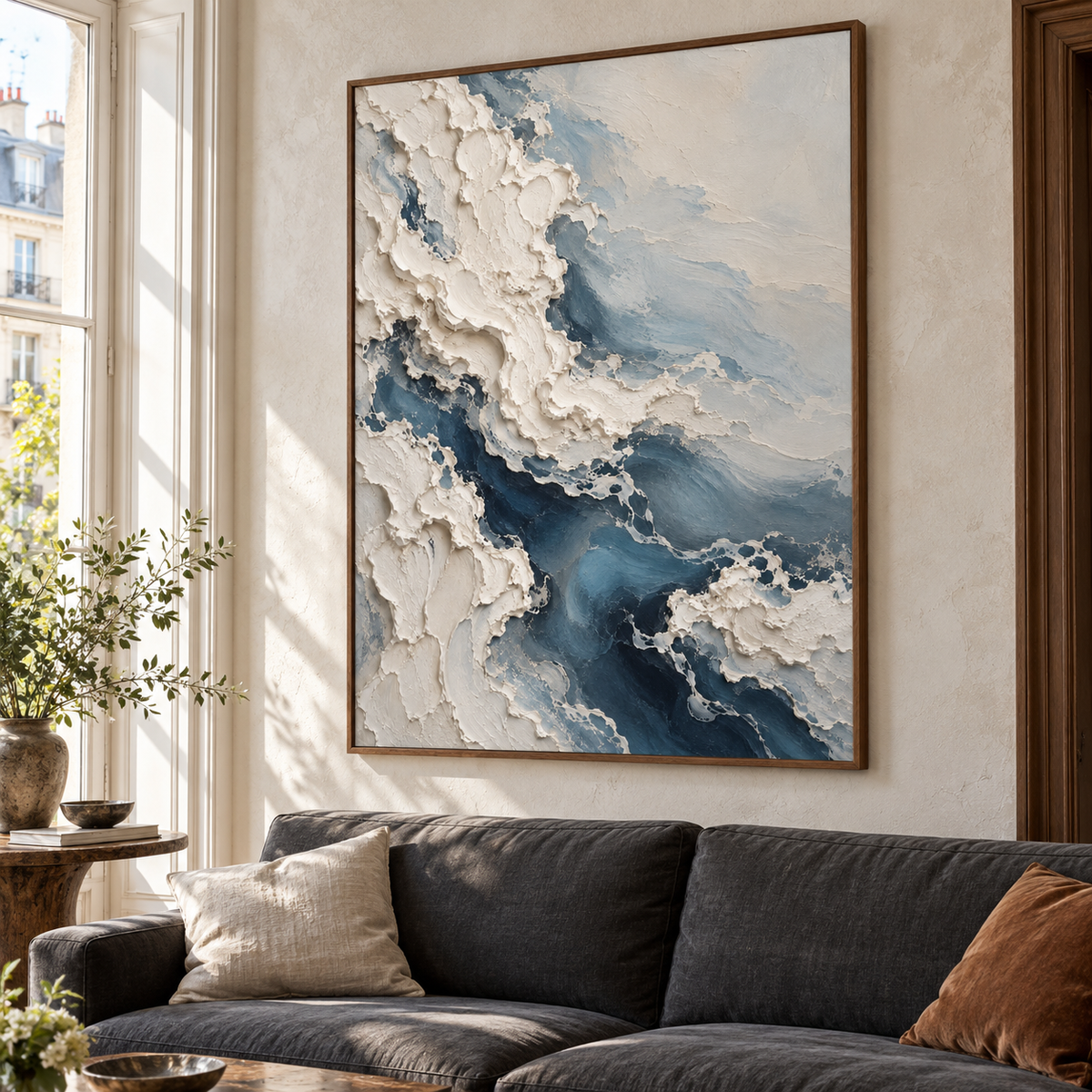 The large vertical artwork anchors a bright living room above a charcoal sofa, with pale walls and daylight from tall windows.
