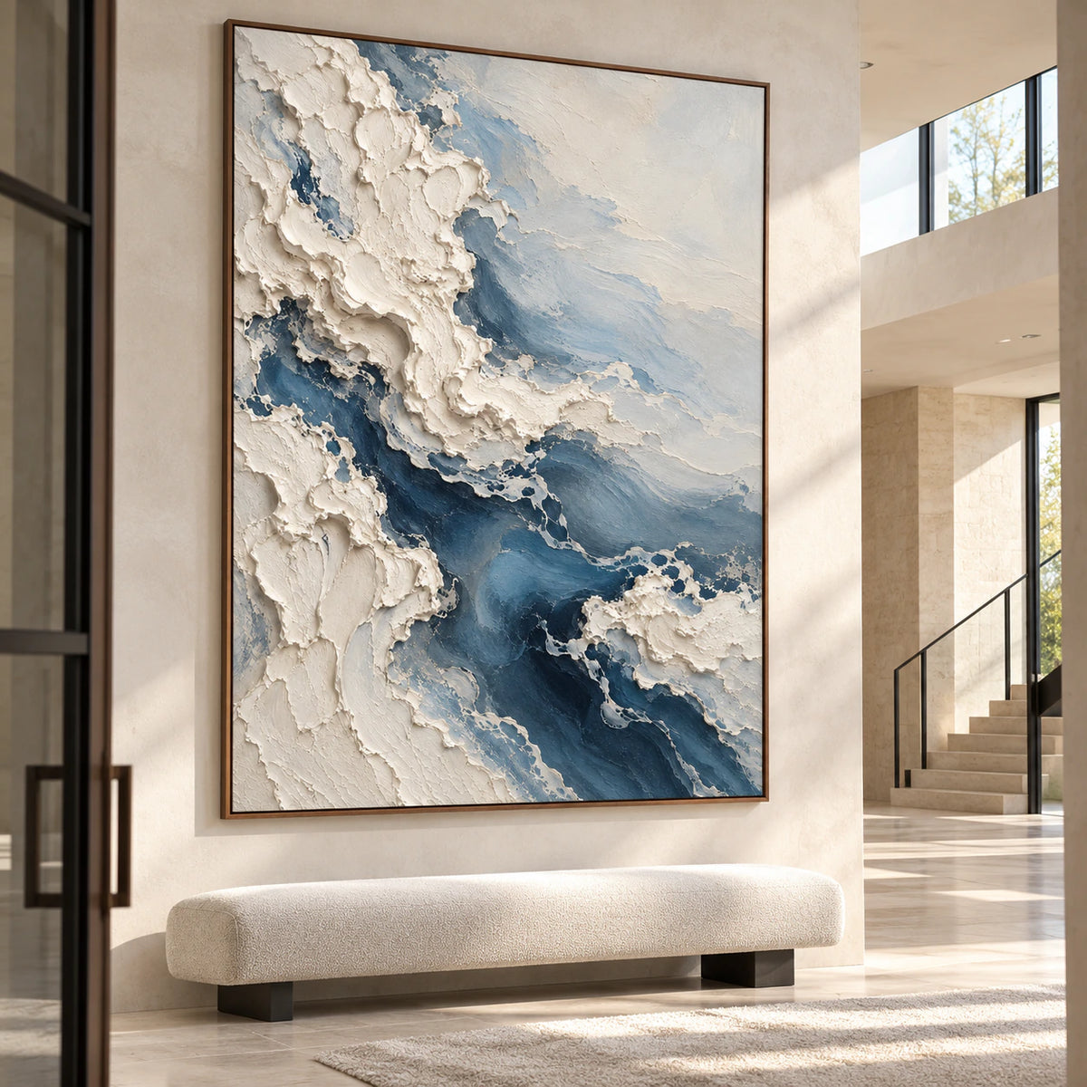 The painting fills the view in a gallery-scale foyer with a tall ceiling, stone floor and understated furnishings.