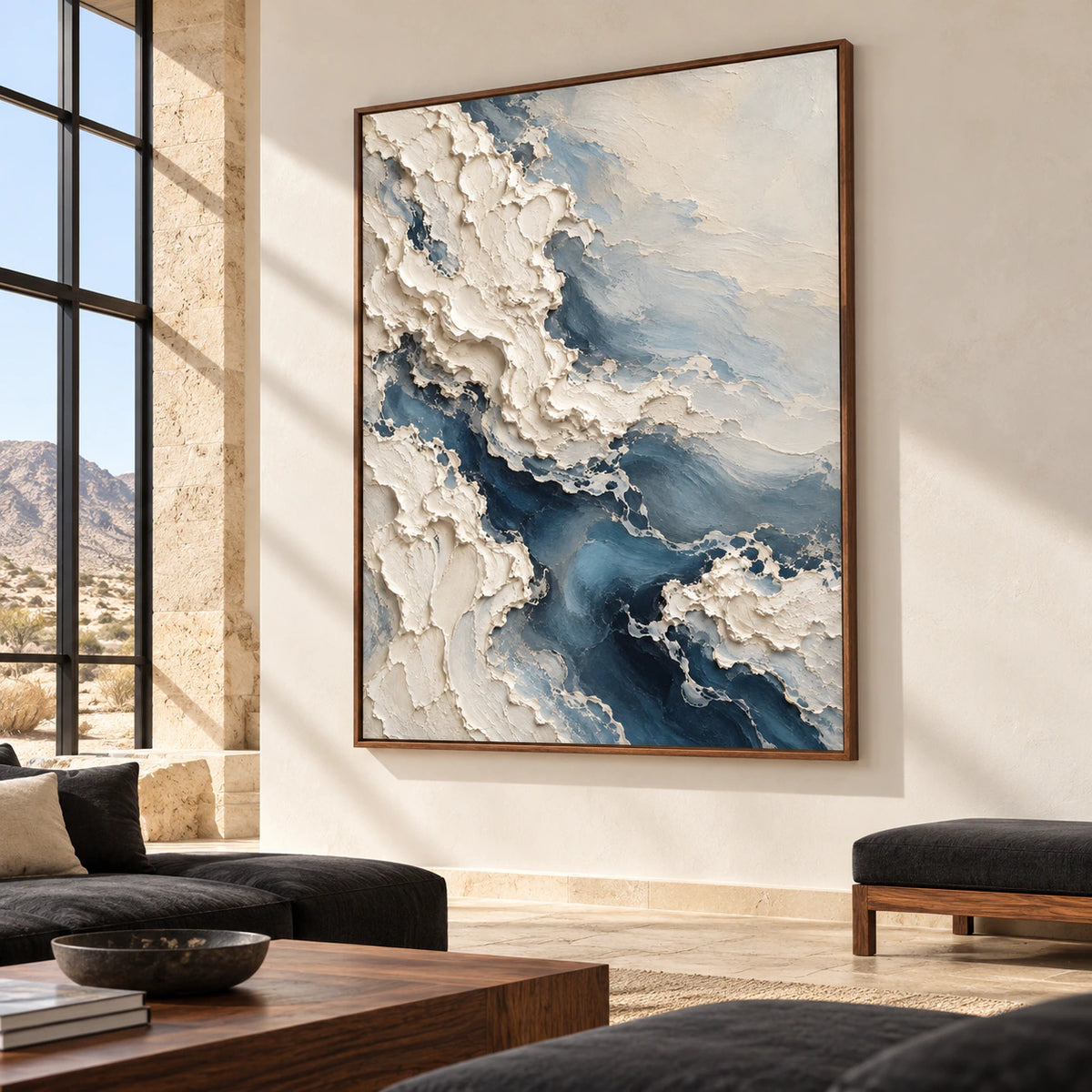 A large vertical artwork stands out in an expansive loft interior with broad windows, restrained furniture and natural daylight.