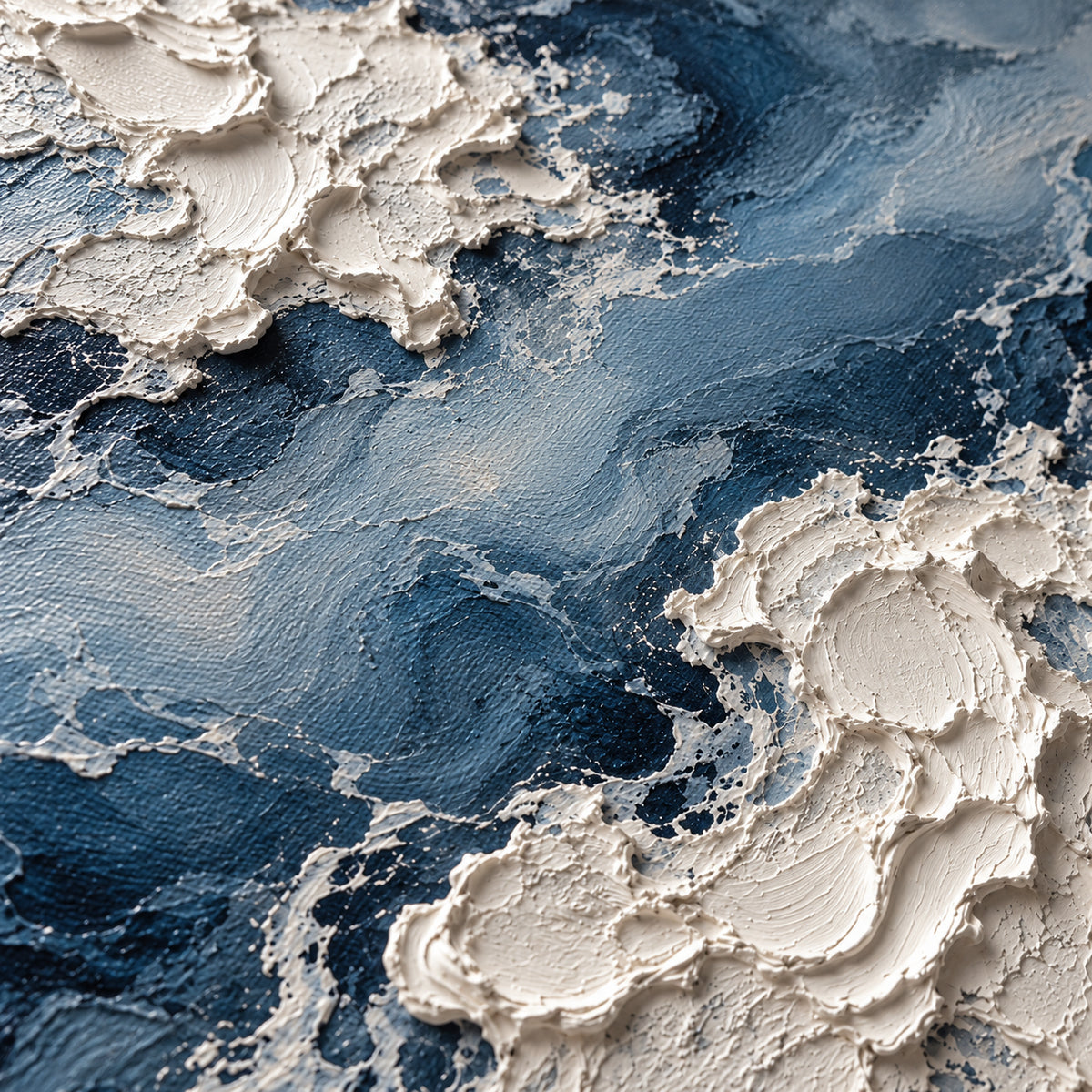 Oblique close-up of the oil painting’s ivory-white impasto and blue passages, with grazing light revealing raised strokes and shallow shadows.