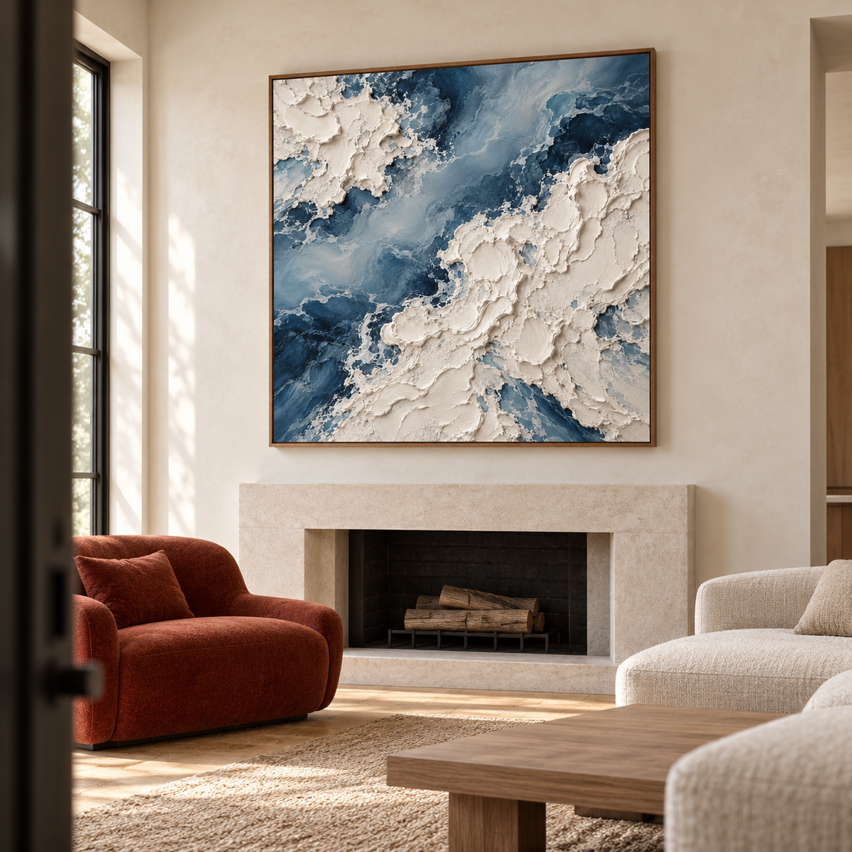 Square blue-and-ivory abstract painting above a pale stone fireplace in a bright living room with charcoal and natural wood furnishings, viewed from the left.