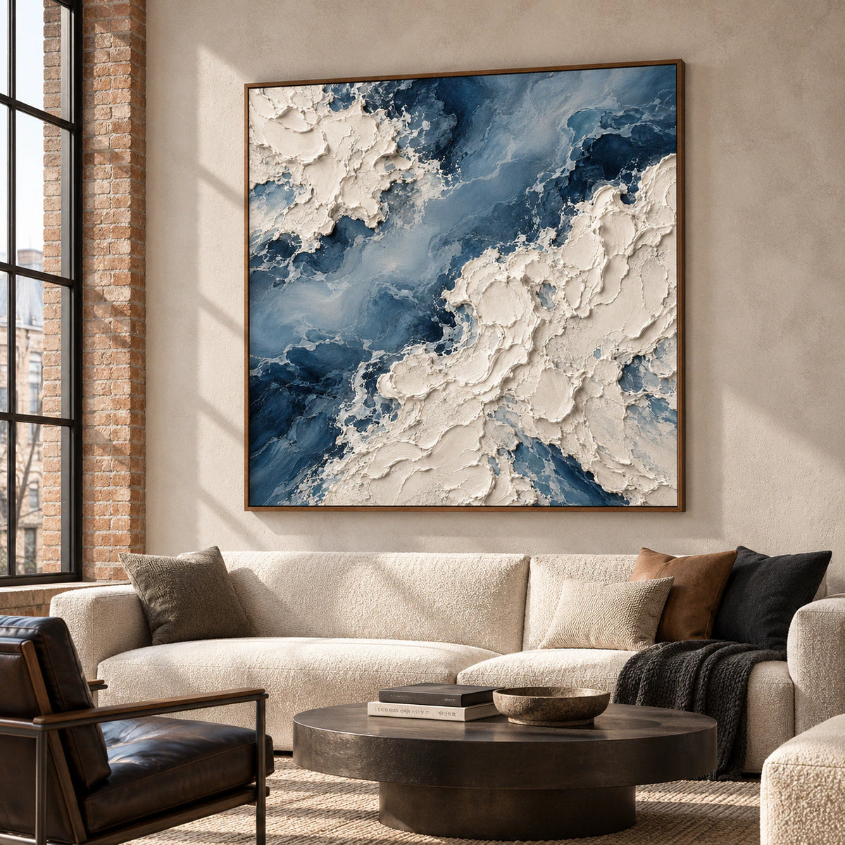Square blue-and-ivory impasto painting on a pale wall in an expansive loft with tall windows and dark furnishings, viewed from the right across open seating.