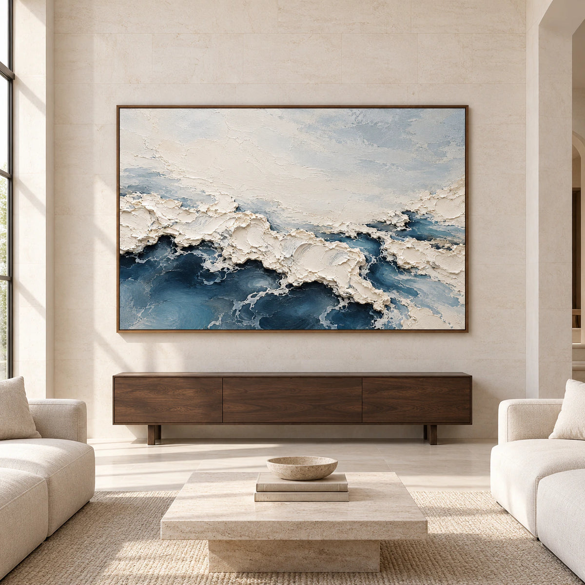 Large straight-on view of Foam Traverse above a low console in a spacious gallery-like living room.
