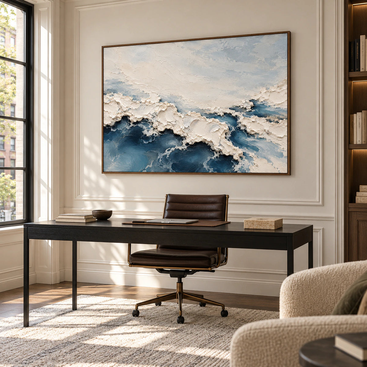 A large view of Foam Traverse anchors an airy home office with a dark desk, light plaster walls and generous window light.