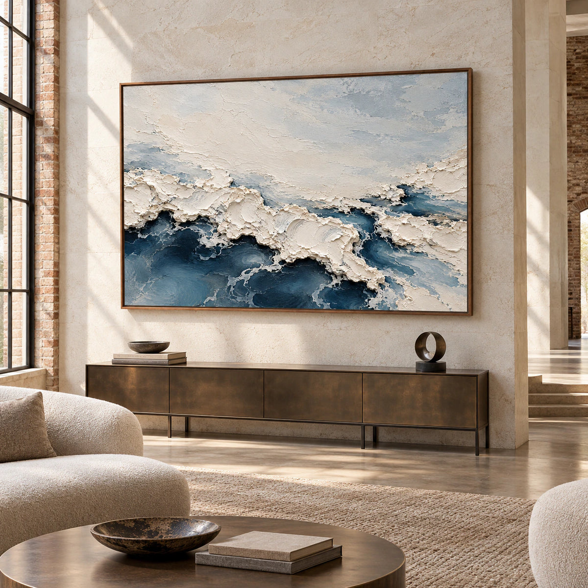 Foam Traverse fills much of a gallery-scale foyer, framed by pale limestone architecture and daylight from a high window.