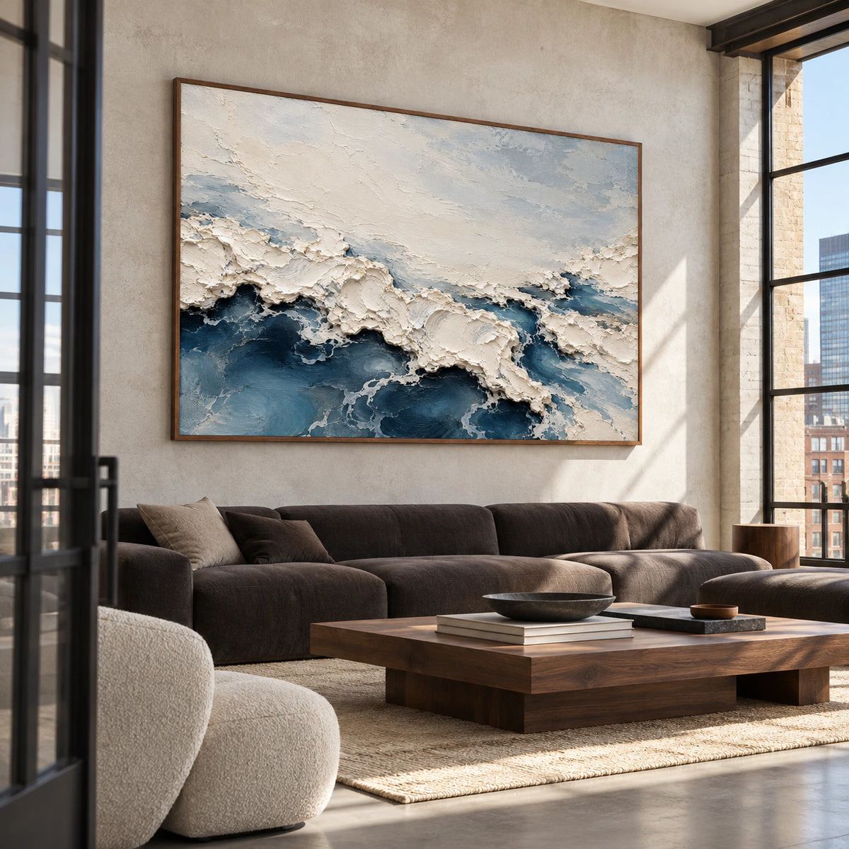 Large view of Foam Traverse in an expansive loft interior with concrete walls, restrained dark furnishings and bright natural light.