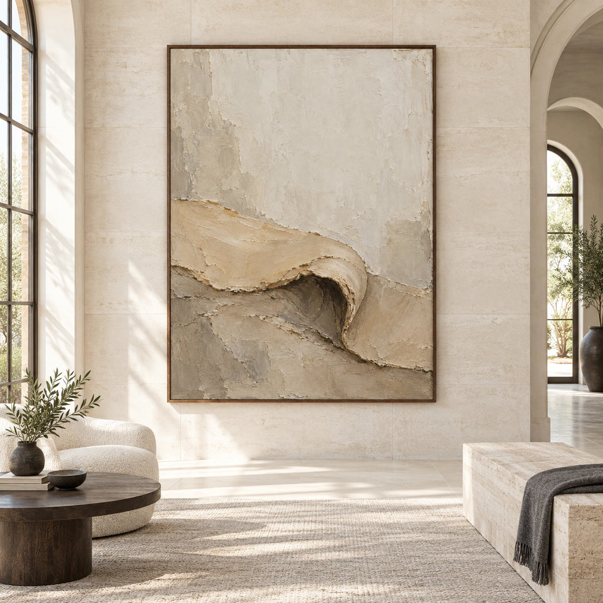 Folded-Contour displayed at large scale, straight-on in a bright expansive architectural living space.