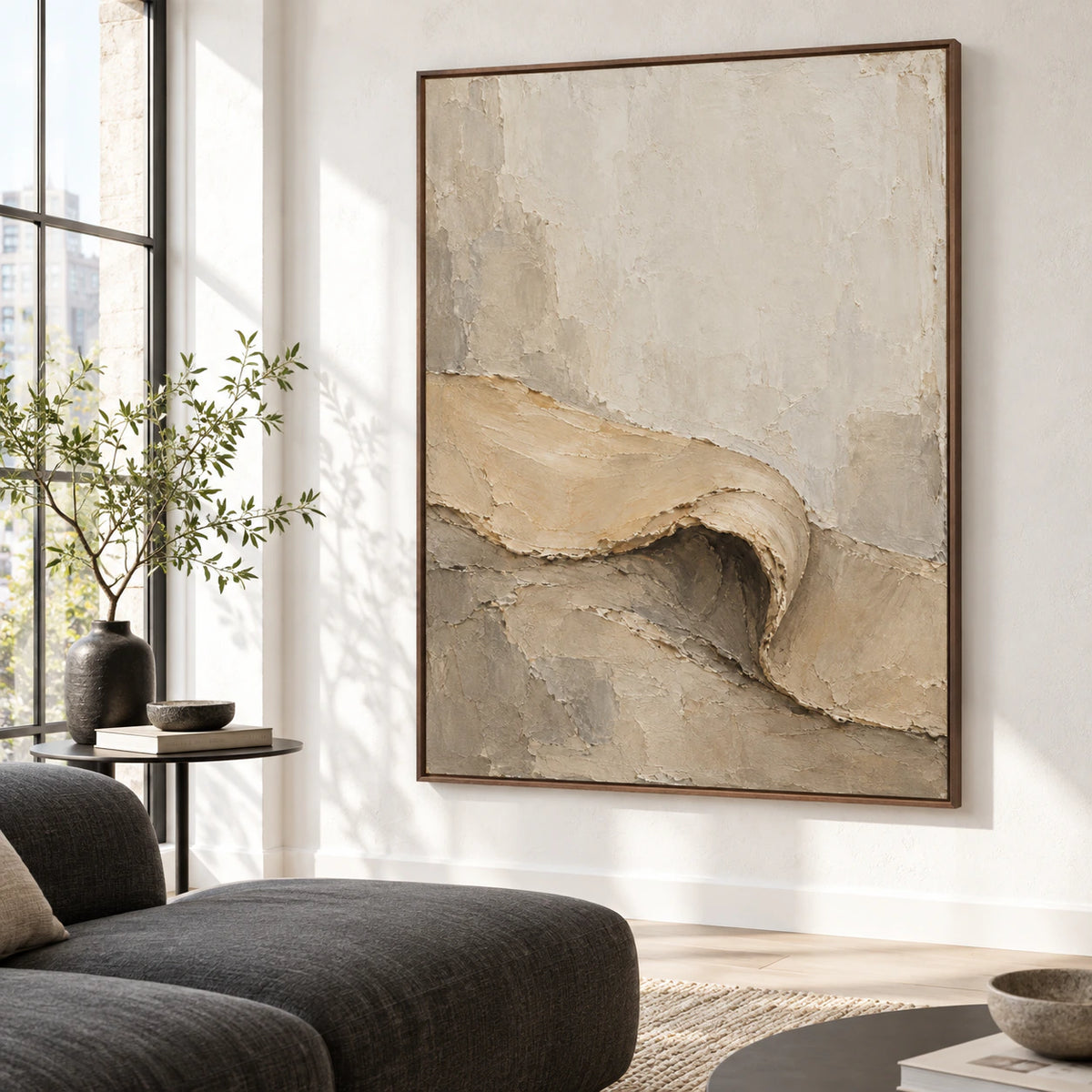 Folded-Contour as a large focal artwork in a bright, contemporary living room.