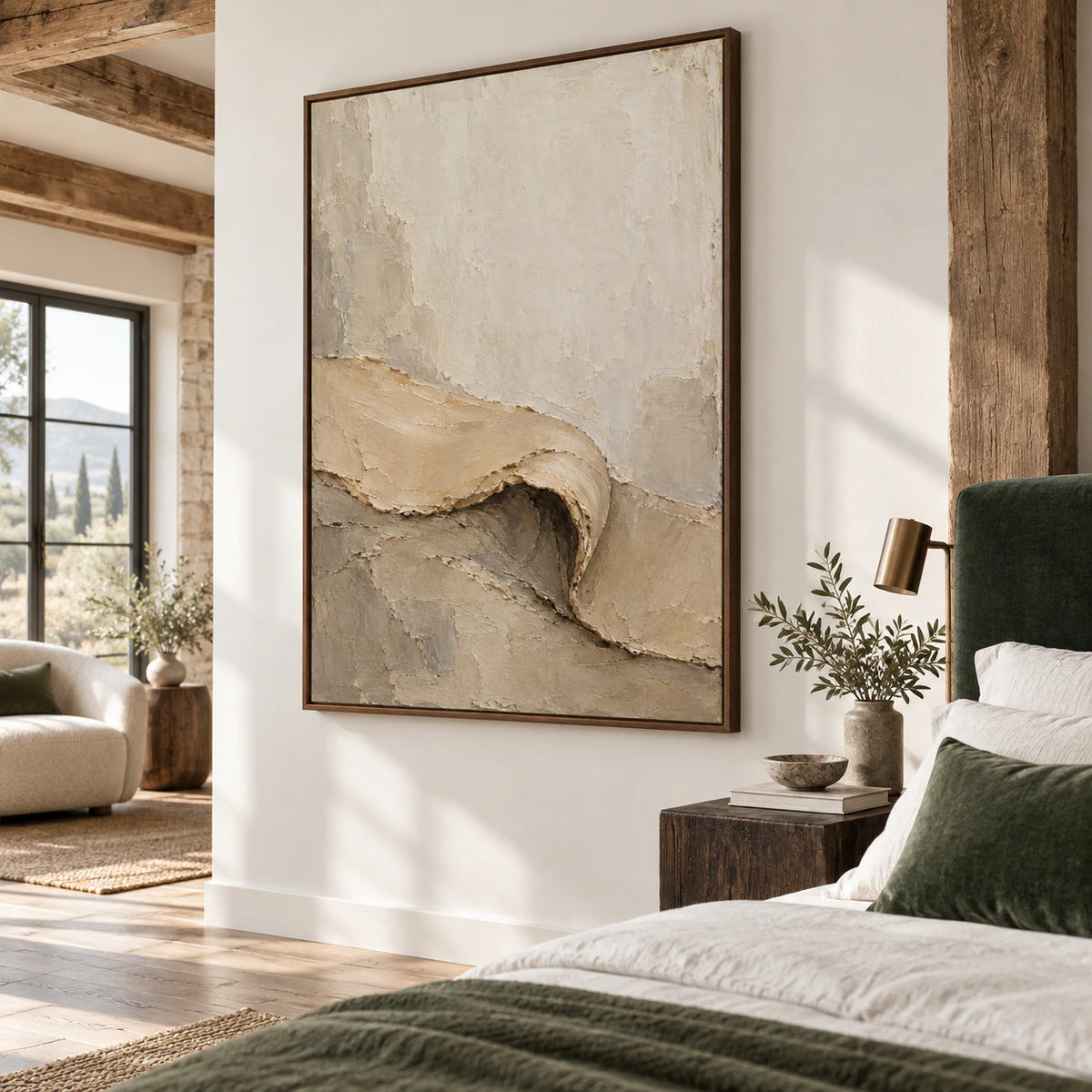 Folded-Contour as a tactile vertical focal point in a quiet, light-filled bedroom.