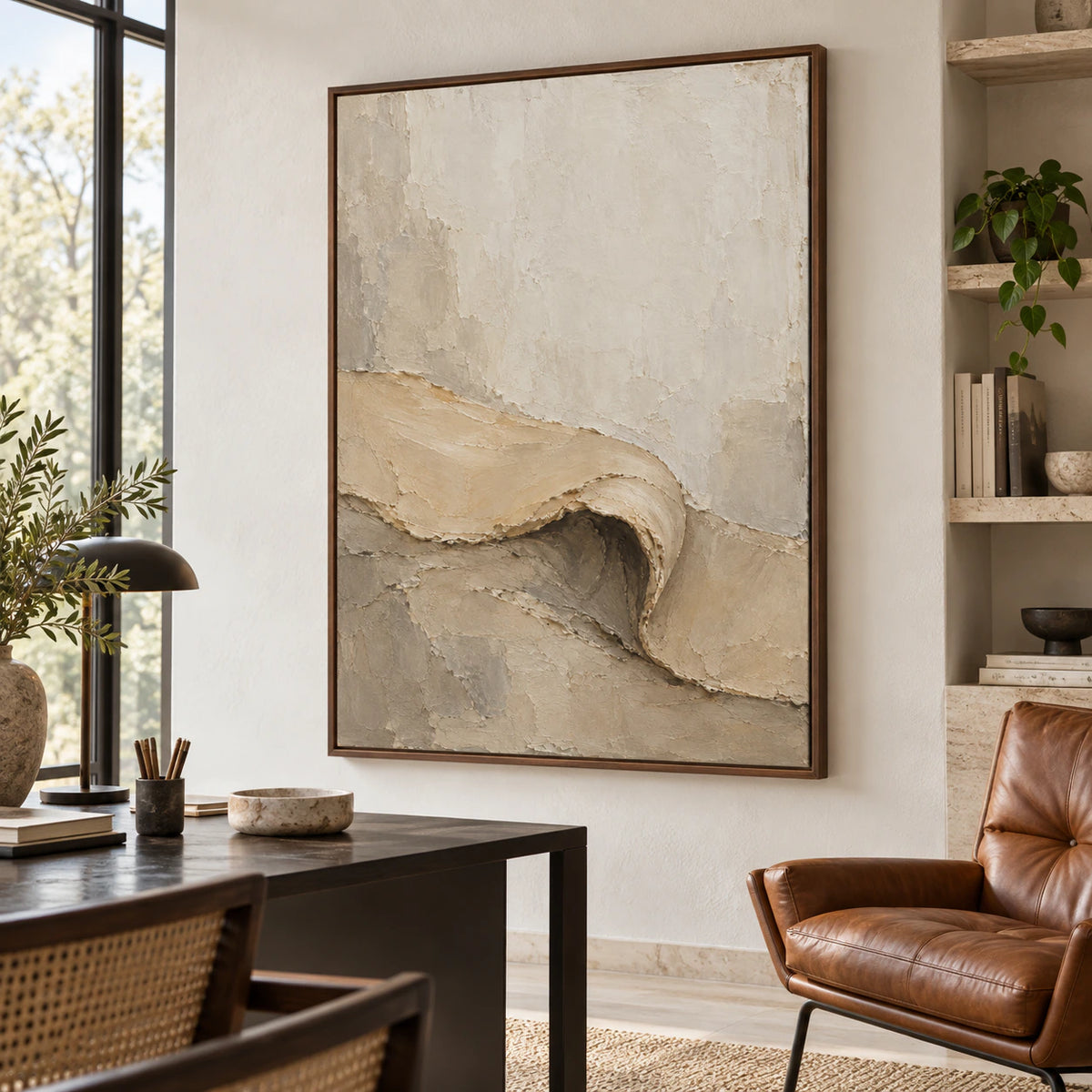 Folded-Contour displayed prominently in an airy home office reading space.