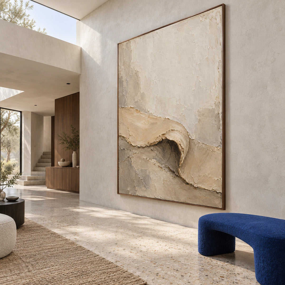 Folded-Contour presented at gallery scale in a bright, sculptural foyer.