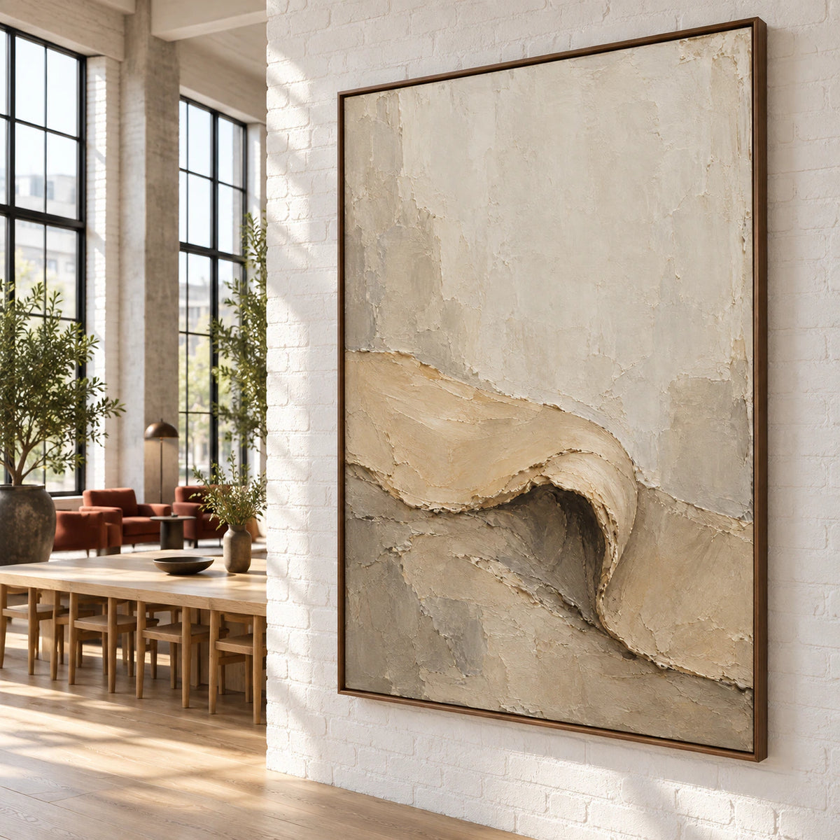 Folded-Contour as a large statement artwork in an open hospitality loft interior.