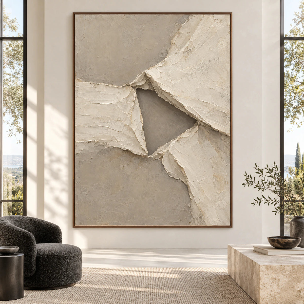 Large vertical Folded-Quiet textured abstract artwork displayed straight-on in a bright expansive architectural living space.