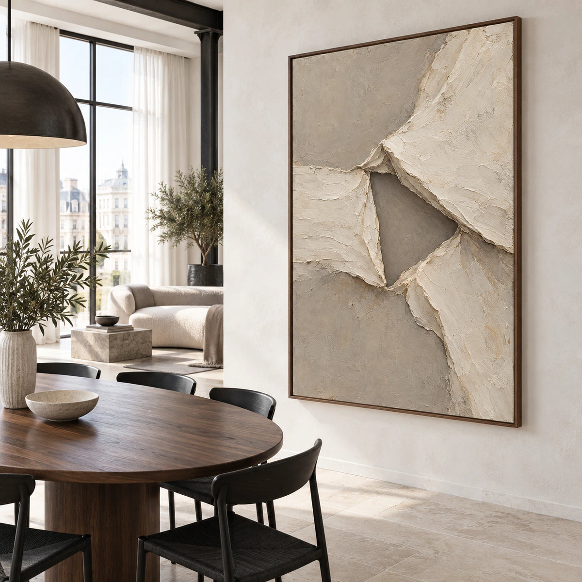 Folded-Quiet as the focal artwork in a refined sunlit dining room.