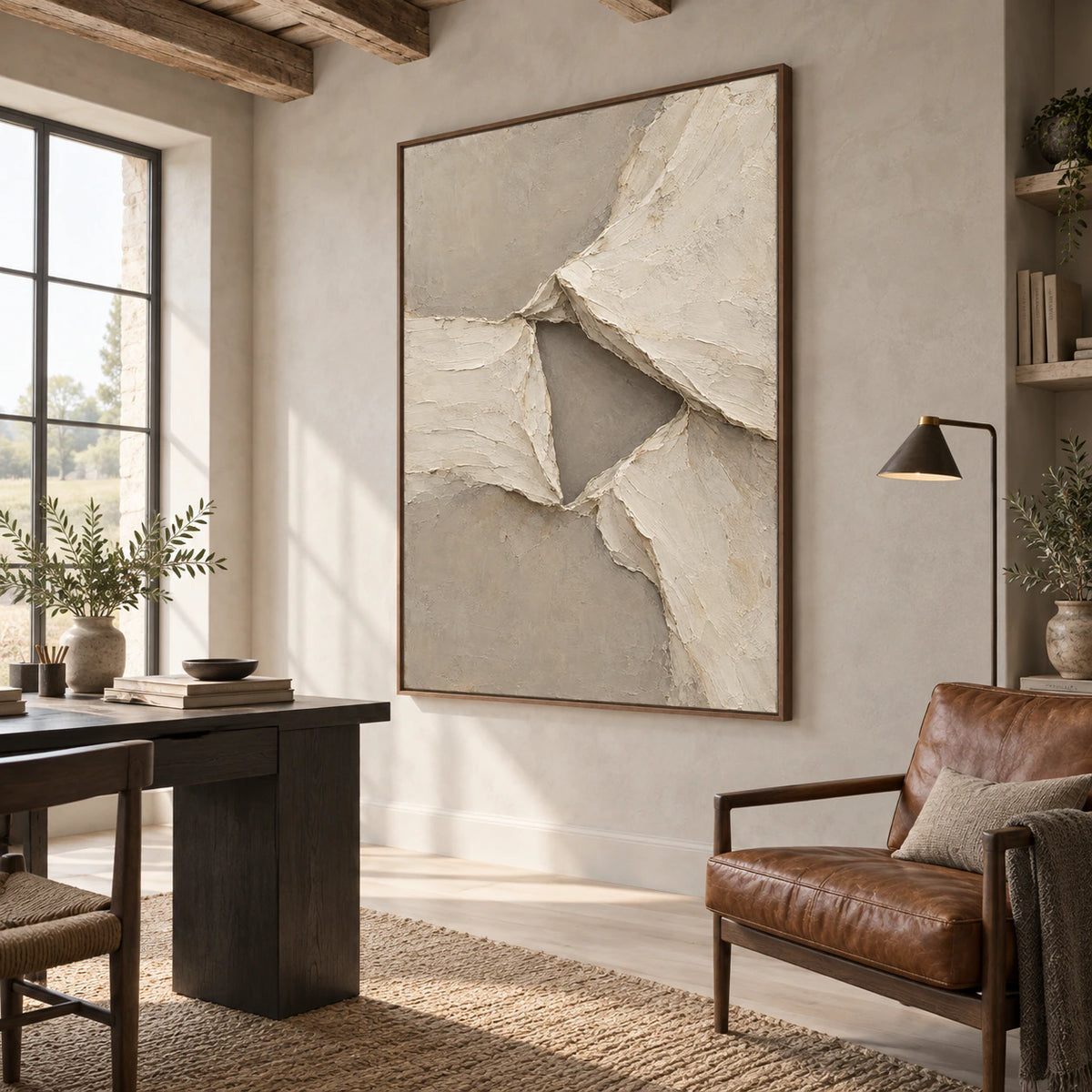 Folded-Quiet in an airy home office with daylight and restrained reading furniture.