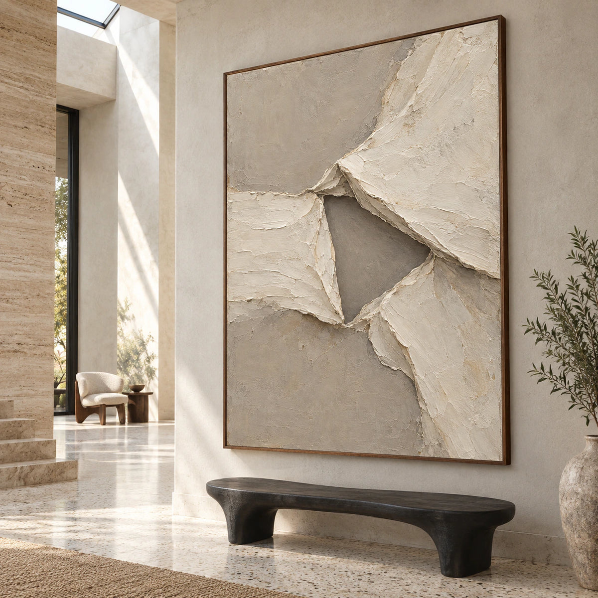 Folded-Quiet at gallery scale in a bright stone-lined foyer.