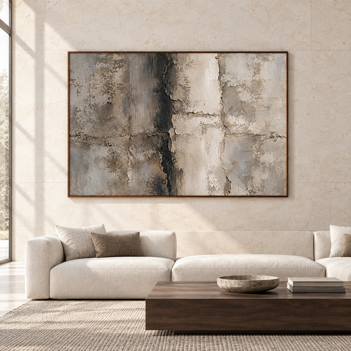 Large horizontal Fracture-Tablet artwork centered on a bright gallery wall in a spacious modern room.