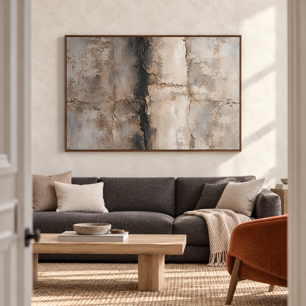 Fracture-Tablet displayed above a restrained sofa in a bright living room.