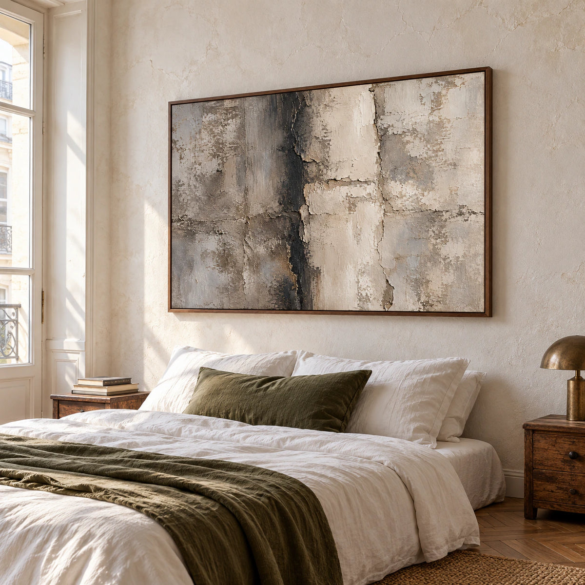 Fracture-Tablet hanging above a low bed in a quiet, softly lit bedroom.