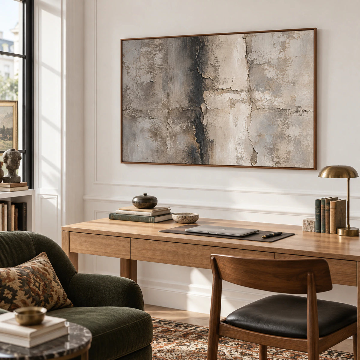 Fracture-Tablet displayed over a desk in an airy home office with natural daylight.