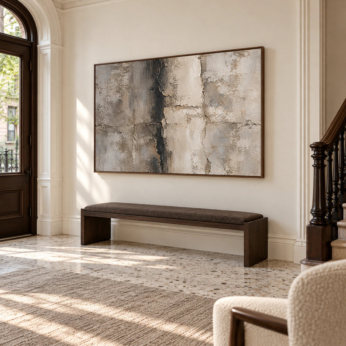 Large-scale Fracture-Tablet artwork anchoring a bright, open foyer.