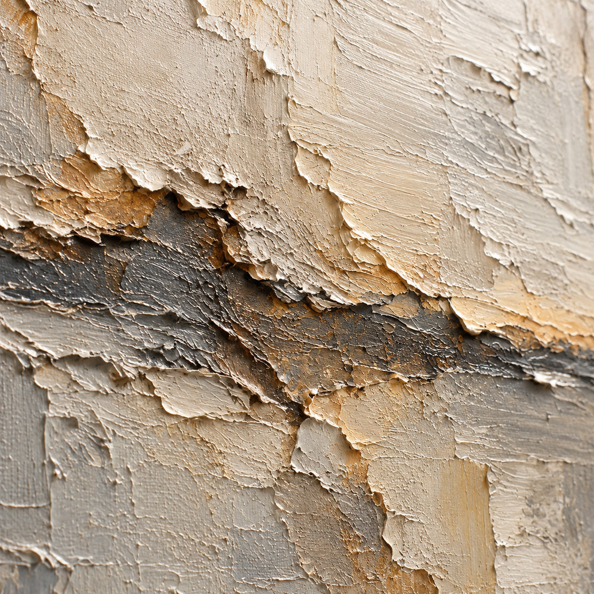 Fractured-Mantle oil painting brushwork and impasto detail photographed from an oblique side angle
