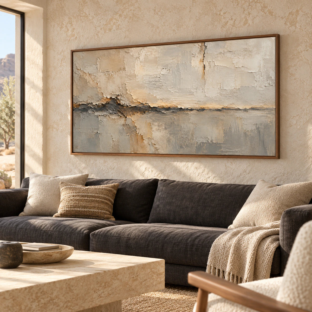 Large Fractured Mantle abstract artwork centered above a restrained charcoal sofa in a bright, open living room.